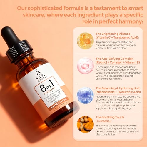 8-in-1 Facial Serum for Hydration and Glow with Vitamin C, Retinol, Collagen - 1 fl oz