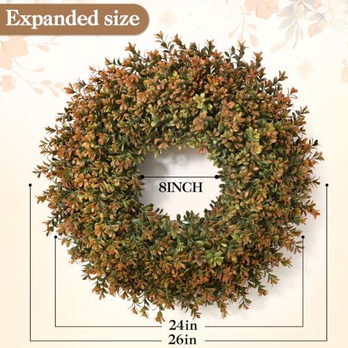 Waipfaru 2-Pack 26-Inch Fall Boxwood Wreaths for Front Door, Orange-Green