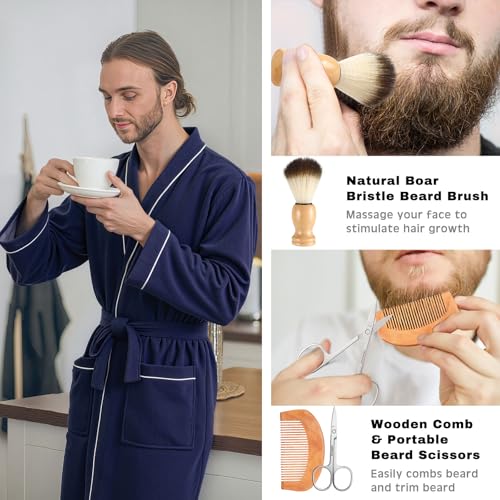 10 Pcs Birthday Gifts Baskets for Men Get Well Soon Gifts Beard Care Set for Him with Bathrobe, Wallet, Makeup Bag, Belt, Bracelet, Beard Comb & Brush Set for Dad Boyfriend Husband(Blue)