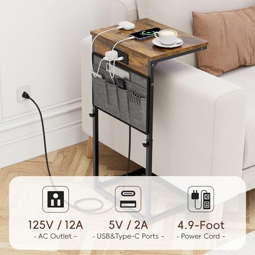 Vagusicc 2-Piece Adjustable C-Shaped End Table Set with Charging Station - Rustic Brown, 16''D x 12''W x 18-32''H