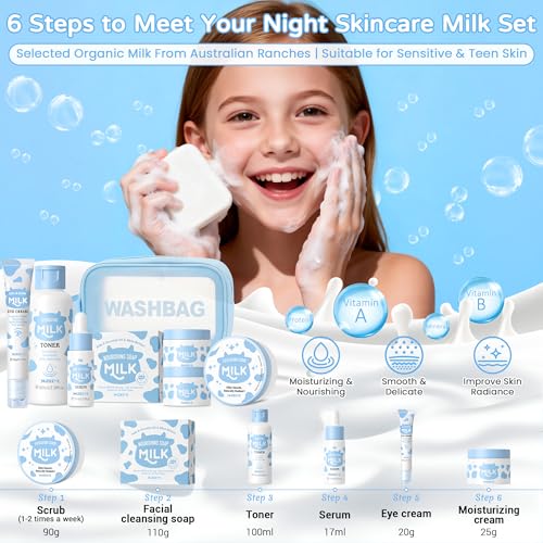 Sakura & Milk Skincare Set for Teens & Kids, 15 PCS Complete Day & Night Face Routine Kit for Girls & Office Worker, Hydrating, Shrink Pores, Perfect Gift Set for Self Care, Birthday, Party