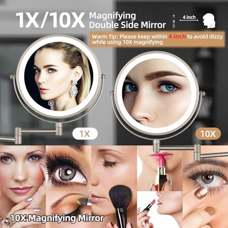 9" Wall Mounted Lighted Makeup Mirror with Magnification, 1X/10X Magnifying Mirror with Light, 3 Color LED 2000mAh Rechargeable Light Up Magnifying Nickel Extendable
