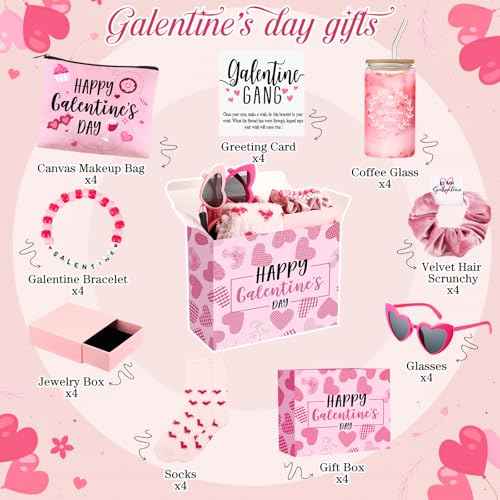 Abbylike 40 Pcs Galentine's Day Gift Include Gift Box Glass Cup Makeup Bags Plush Socks Greeting Cards Velvet Hair Scrunchies Bracelets Sunglasses for Women Friend Bestie Valentine Party Favors