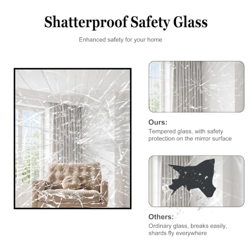 Black Bathroom Mirror 30x36 Inch Rectangle Wall Mirror with Metal Frame - Horizontal or Vertical Hanging