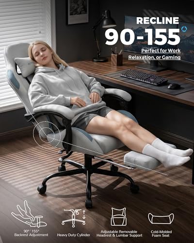 GTPLAYER Light Gray Fabric Gaming Chair with Pocket Spring Cushion, Ergonomic Office & Gaming Chair with Lumbar Support, Height Adjustable, Footrest & Linkage Armrests