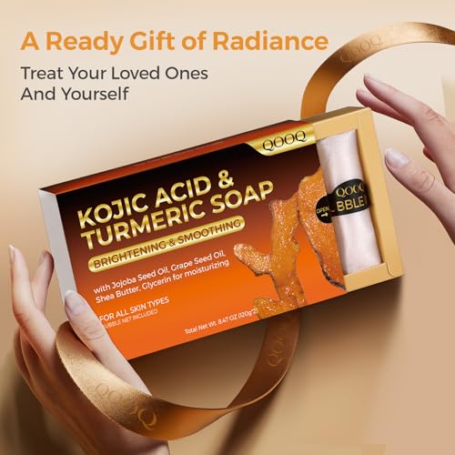 Turmeric Kojic Acid Soap for Dark Spots Brightening ? Face and Body Wash with Vitamin C, E, Shea Butter, Jojoba oil, Grape Seed Oil & Glycerin ? Soap for Women & Men (120g x 2)