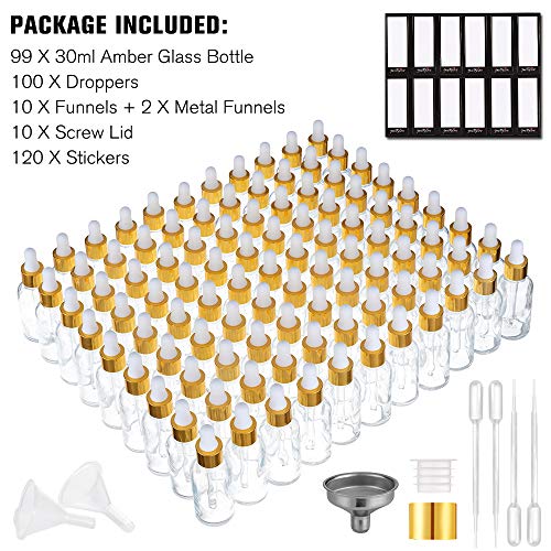 1oz Clear Glass Dropper Bottles Bulk Pack of 99 with Leakproof Gold Caps – Essential Oils, DIY Serums, Storage