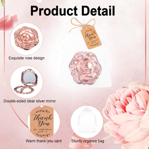 Rose Gold Compact Mirror Set - 36 Pcs Quinceanera Party Favors with Thank You Cards & Organza Bags - Rose Golden
