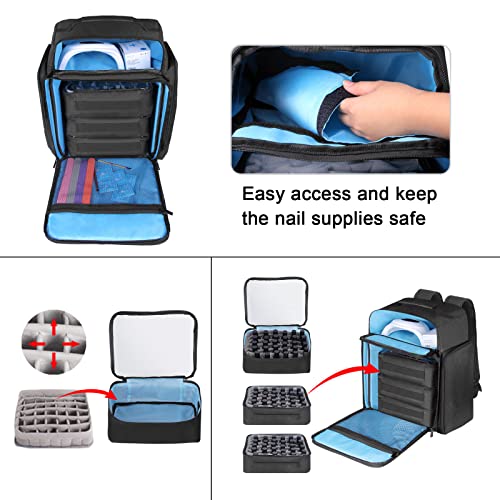 Nail Polish Organizer Backpack Holds 108 Bottles(15ml - 0.5 fl.oz) and a Nail Lamp, with 3 Removable Storage bag for Nail Tech (Black)