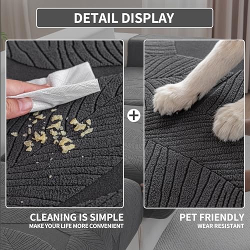 QIANMEW Dark Gray Leaf Pattern 3 Seat Covers + 1 Chaise L-Shaped Couch Cushion Covers (4pcs)