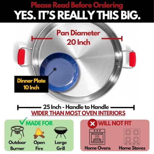 20 Inch Stainless Steel Paella Pan - Large Tri-Ply 14 Serving Paellera for Outdoors & Oven Safe