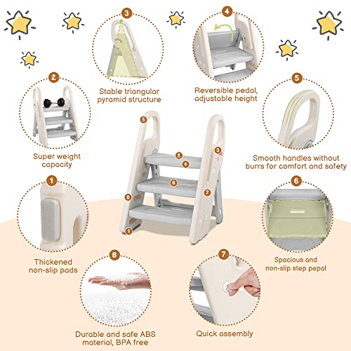 Gray Foldable 3-Step Stool for Kids Bathroom Sink & Kitchen Helper - Adjustable & Space-Saving