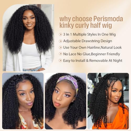 12 Inch Afro Kinky Curly Human Hair Half Wig - Natural Black, Seamless & Glueless, Beginner Friendly