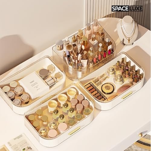 Makeup Organizer with Drawers and 360¡Æ Rotating Brush Holder, Large Capacity Cosmetic Storage for Vanity, Skincare, Perfume, Hair Accessories, Lipstick & Jewelry (Cream White, 2-layer)