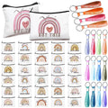 Hillban 64 Pcs Rainbow Canvas Makeup Bag Bulk Boho Women Gifts 32 Rainbow Travel Toiletry Makeup Pouch with 32 Inspirational Keychains for Coworker Employee Party Favor