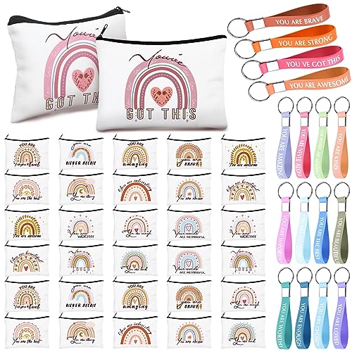 Hillban 64 Pcs Rainbow Canvas Makeup Bag Bulk Boho Women Gifts 32 Rainbow Travel Toiletry Makeup Pouch with 32 Inspirational Keychains for Coworker Employee Party Favor