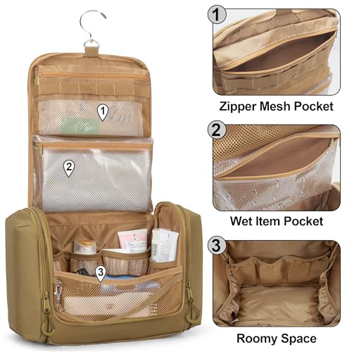 Large Hanging Toiletry Bag for Men - Khaki Travel Dopp Kit with Multiple Pockets