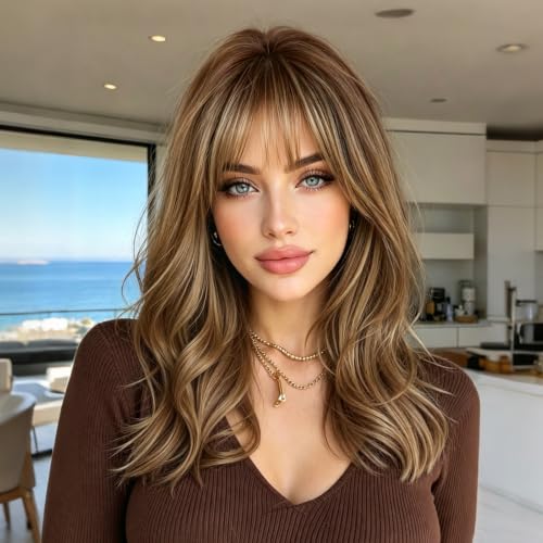Brown Mix Blonde Highlight Wig with Bangs - Layered Wavy Synthetic Hair for Women - Light Brown Highlights