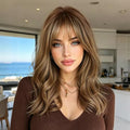 Brown Mix Blonde Highlight Wig with Bangs - Layered Wavy Synthetic Hair for Women - Light Brown Highlights