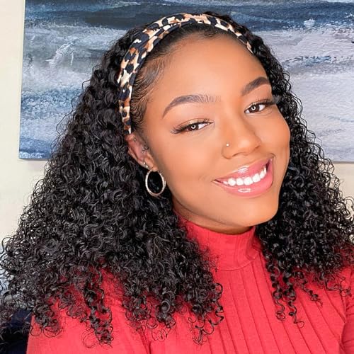 AISI QUEENS Curly Headband Wig Human Hair 16 Inch Natural Black for Black Women