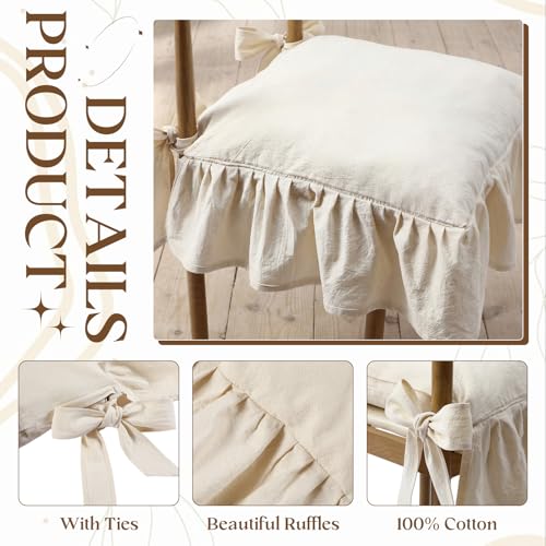 French Ruffled Chair Cushion Covers Set 6 Retro Cream White No Padding - Tie-On Slipcovers