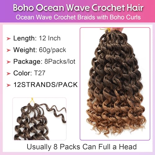 Boho Ocean Wave Crochet Hair - 12 Inch Curl Braid, 8 Packs - Variation 1B/27