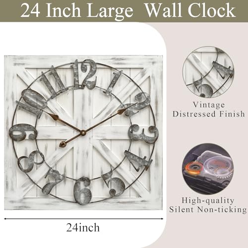 EMAX HOME 24-Inch White Square Farmhouse Wall Clock with Reversible Wooden Sign