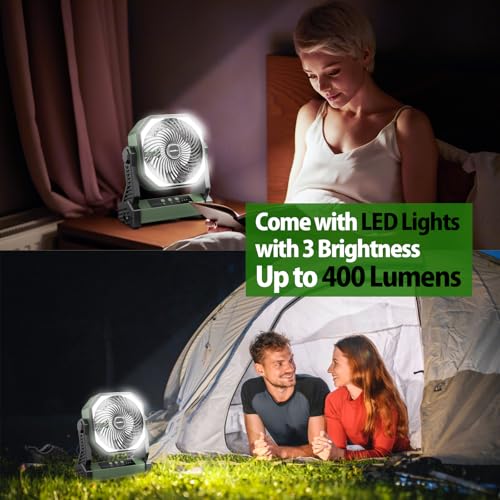 Green 20000mAh Rechargeable Camping Fan with 400LM Light & 360° Hook