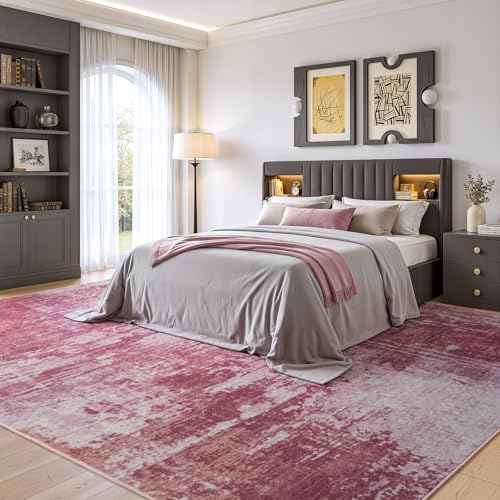 Pink Washable Area Rug 6x9 Non-Slip Faux Wool Abstract Floor Covering