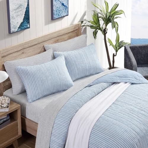 Nautica Twin Reversible Cotton Quilt Set with Sham - Coleridge Stripe Light Blue