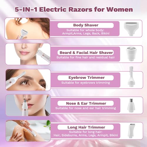 Electric Razors for Women, 5 in 1 Bikini Trimmer for Women, Wet/Dry Womens Electric Shaver Razor, Face Shaver for Face Nose Eyebrow Arms Armpit Legs Pubic Area, Facial Hair Removal