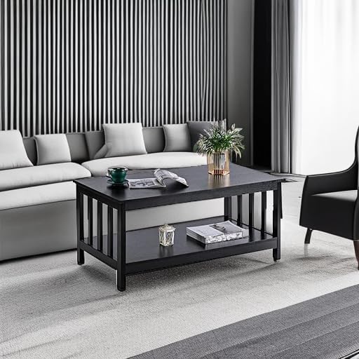 Mission Style Coffee Table with Shelf - Black Wood Living Room Table 22"D x 39.9"W x 18.1"H
