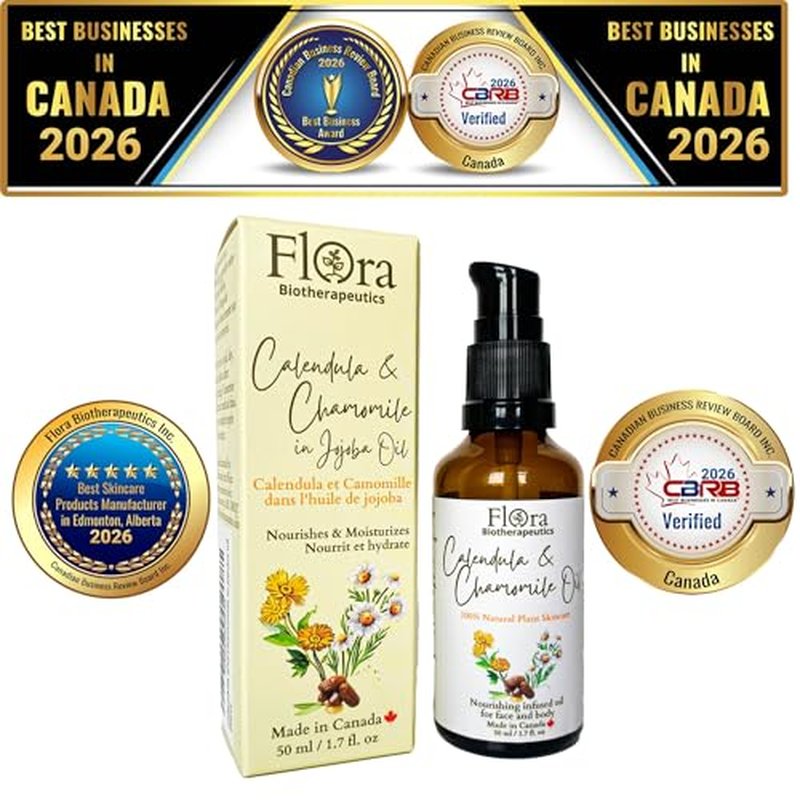 FLORA Organic Calendula & Chamomile Flowers Double Infused in Golden Jojoba Oil. 100% Plant Based & Unscented. 1.7fl oz. Gentle Soothing Oil for Sensitive Skin - for Face, Body, Hair - Made in Canada