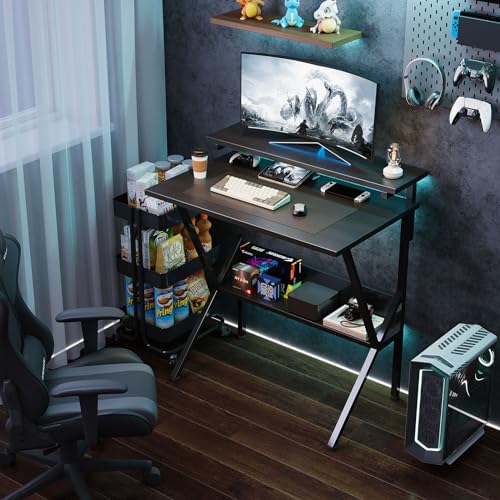 Small Computer Desk with Adjustable Monitor Stand - Black, 27.5 Inch Space Saver