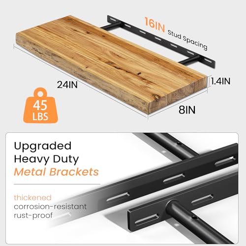 Floating Shelves Set of 2 - Natural Elm Live Edge Wall Shelves, 8-inch Deep, 24-inch Length