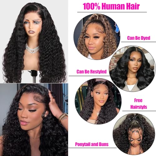 20 Inch Deep Wave Lace Front Human Hair Wig 220% Density Black for Women