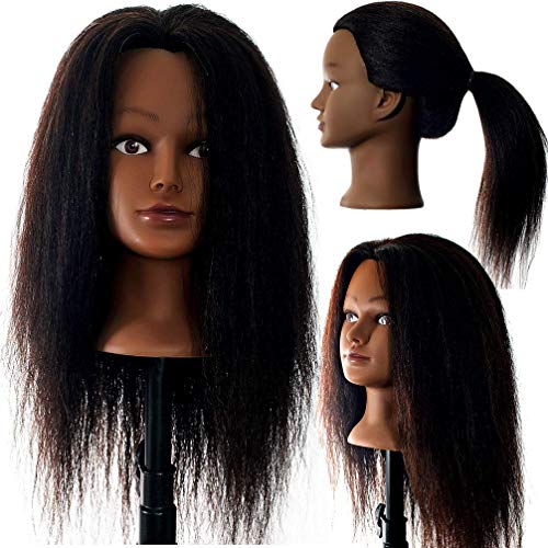 22-24 Inch Black 100% Real Hair Mannequin Head for Cosmetology Practice - Light Yaki & Kinky Straight, Includes Head & C-Clamp