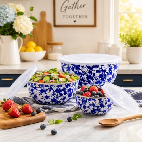 Set of 3 Enamelware Mixing Bowls with Lids - Cobalt Swirl, 3.0-4.5 Qt