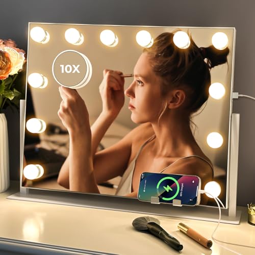 Vanity Mirror with Lights, Hollywood Lighted Makeup Mirror with 12 Dimmable LED Bulbs for Dressing Room & Bedroom, 3 Light Modes£¬Slim Metal Frame Design, AC-Powered, White
