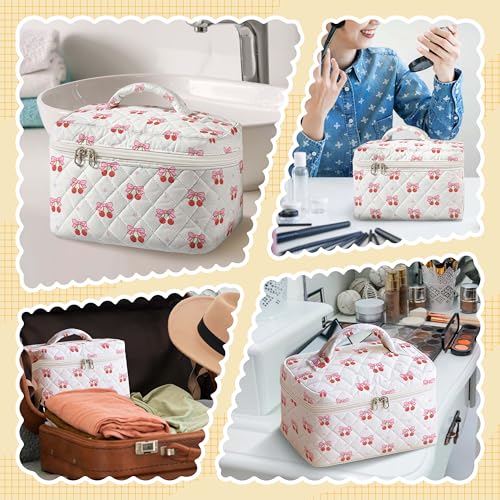 Quilted Makeup Bag Large Cosmetic Travel Case for Women Cherry Ribbon Pattern Vanity Soft Cotton Toiletry Organizer Skincare Brushes Accessories Storage