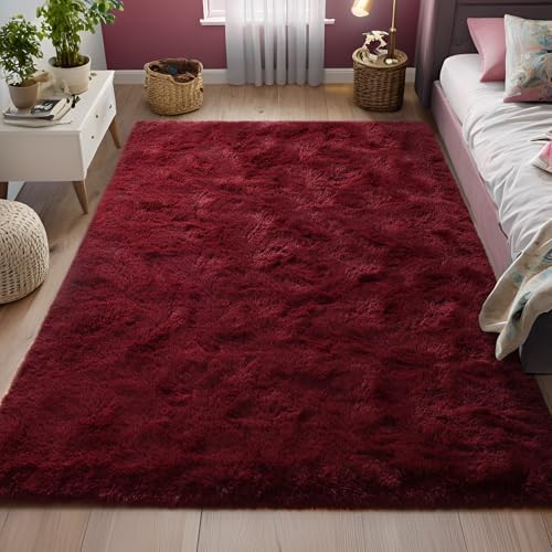 A- Wine Red Plush 6x9 Area Rug - Burgundy Soft Shag Floor Covering