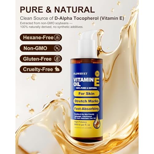 Pure Vitamin E Oil for Skin 10 fl oz, Organic Lightweight Vitamin E Oil for Scar, Stretch Marks, Fast-Absorbing Body Oil Moisturizing and Firming Skin, Cold Pressed-300ml