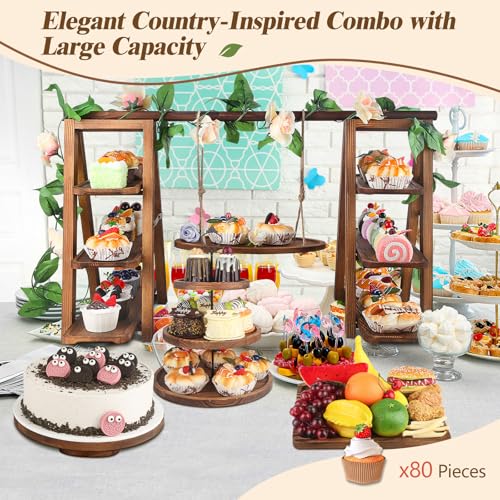 Brown Upgraded 4 Pack Wooden Cake Stand Set 3 Tier Swing Cupcake Display with Floral Decor