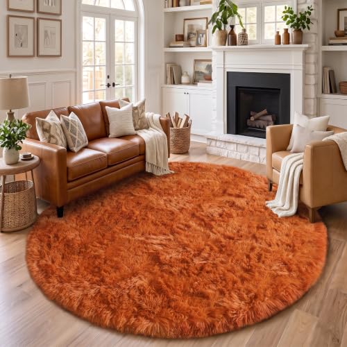 Amdrebio Large Burnt Orange Round Rug 8ft - Soft Plush Kid & Living Room Decor