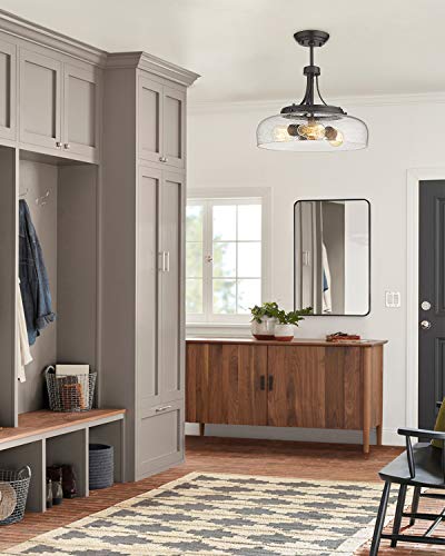 EAPUDUN Farmhouse Semi Flush Mount Ceiling Light - 3-Light Oil-Rubbed Bronze Pendant Fixture with Seeded Glass Shade
