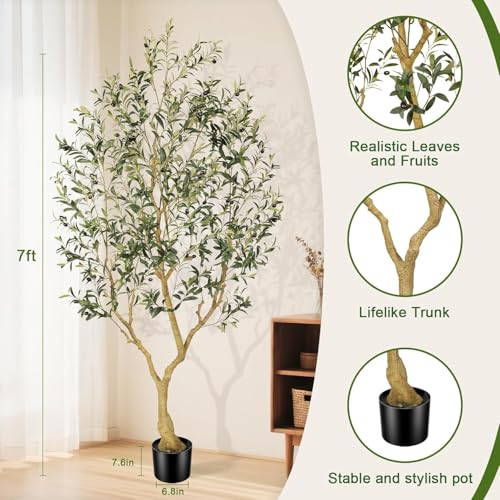 7FT Artificial Olive Tree with Lifelike Trunk & Realistic Fruits - Faux Plant