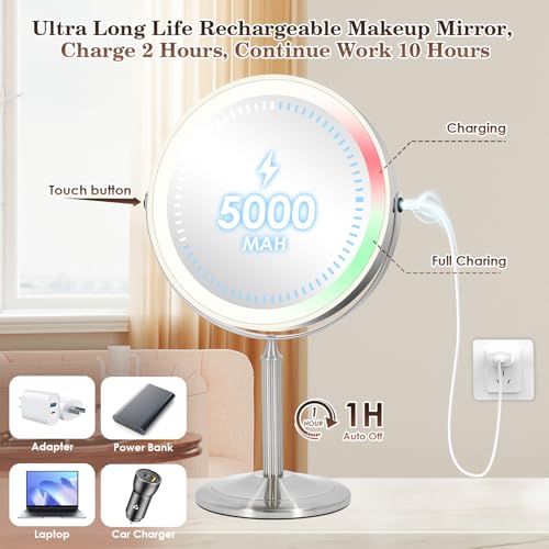 VESAUR 15X Magnifying Mirror with Light, 9.5 Large 5000mAh Rechargeable Double Sided HD Lighted Makeup Mirror with 3 Touch Dimmable Light, 360¡Æ Swivel Detachable for Travel Vanity Mirror Nickel, Gifts