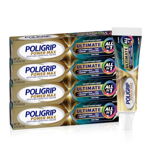 All-In-1 Denture Adhesive Cream 2.2 oz - 4 Pack, Strong Hold, Zinc-Free