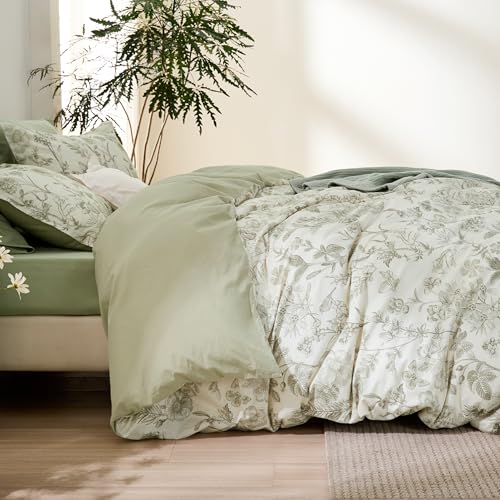 Bedsure Cotton Floral Duvet Cover Set King 104x90 - Desert Sage, No Comforter