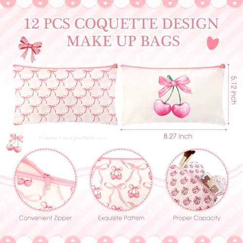 Chunful 24 Pcs Coquette Bow Party Favors 12 Canvas Makeup Bags 12 Aesthetic Compact Mirror Zipper Pouch Round Pocket Mirrors for Women Guests Quinceanera Party Favors(Pink,Cute Style)
